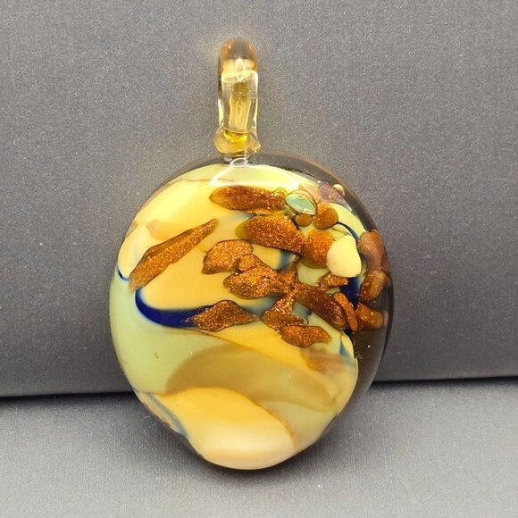 Foiled Glass Pendant Earth Tones w/ Cobalt & Gold Glass Bail 1.75" x 1.25" - Picture 2 of 7